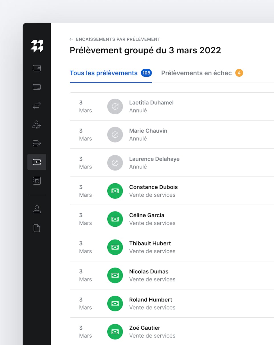 Détail d’un encaissement par prélèvement passé, réalisé avec succès.